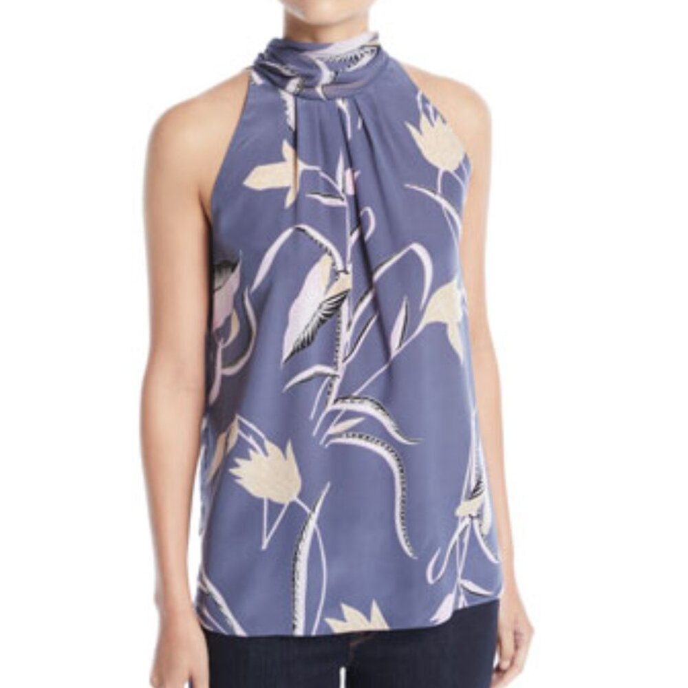 Diane Von Furstenberg 100% Silk Sleeveless High-Neck Floral-Print Blouse NWOT